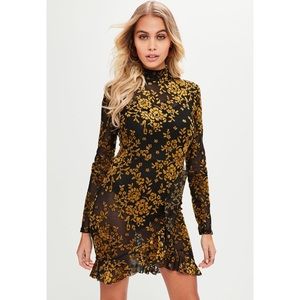 Missguided Black/Gold Flocked Tea Dress